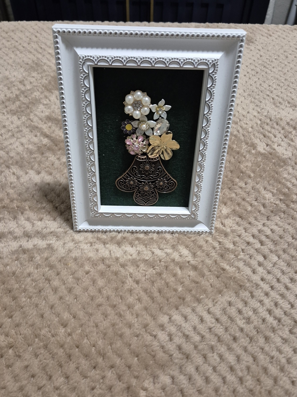 Framed Floral Brooch Collage - Pearl, Gold & Pink Accents